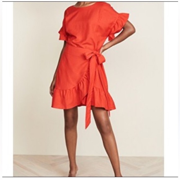 ASTR The Label Coral Red ruffle faux wrap around skirt ruffle sleeves dress Sz L - Picture 1 of 12